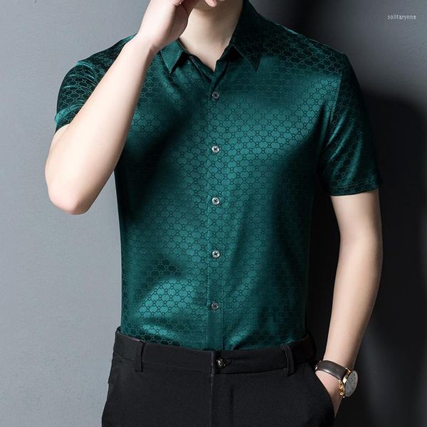 Erkekler Sıradan Gömlek Yüksek Kaliteli Siyahımsı Yeşil Gerçek İpek Jacquard Erkekler İçin Lüks Giyim Pürüzsüz Saten Yaz Elbisesi Stout Rahat Büyük Boy
