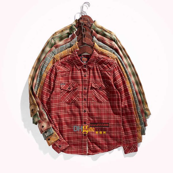 LuxuryMen's Casual Shirts Autunno Coreano Semplice Gioventù a maniche lunghe in flanella Plaid Camicette in puro cotone lavato Camicia multitasche alla moda da uomo vecchio shipp gratuito