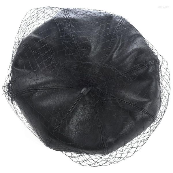 Berretti ASDS-Affascinante cappello nero Berretto francese in pelle chic con velo in rete Visualizza berretto da donna a doppio strato