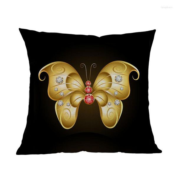 Cuscino Sfondo nero Modello con diamanti e farfalle dorate Custodia in lino per la casa Divano decorativo per la casa 45x45 cm 322l