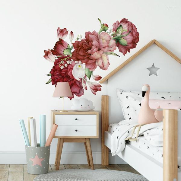 Adesivos de parede lindos flores de flores peônias vermelhas decoração de garotas de decalques de quarto de quarto de quarto