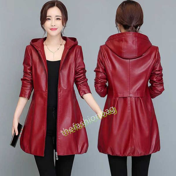 Cappotto di moda in ecopelle da donna di lusso Cappotto da donna 2022 Giacca da donna lunga e sottile con cappuccio Abbigliamento femminile da moto NeroDonna