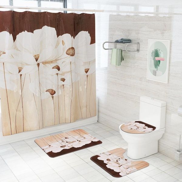 Coprisedili per WC Fiore botanico Pittura a olio Decorazioni per la casa Set di coperture per bagno Tenda da doccia impermeabile Tappetini tessili Tute per tappeti