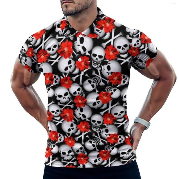 Polo da uomo Stampa con teschio di zucchero Polo casual T-shirt con fiori rossi Camicia personalizzata a maniche corte Tendenza per il giorno Abiti oversize Regalo di compleanno