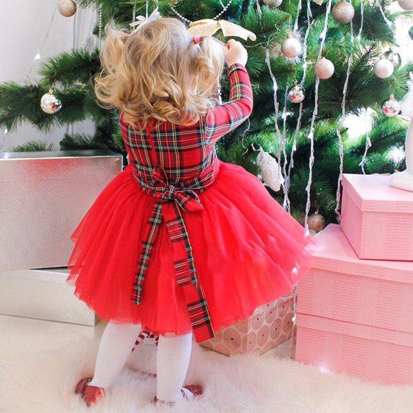 Mädchen Kleider Nette Mädchen Rot Prinzessin Kleid Kinder Langarm Plaid Tüll Kleidung Kinder Geburtstag Party Vestido Weihnachten Tutu Kostüm 221101