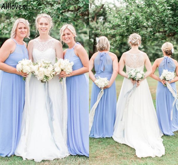 Açık mavi akış şifon bir çizgi nedime elbiseler uzun zemin uzunluk yular artı boyutu onur elbisesi genç kız boho düğün konuk partisi elbise resmi aşınma cl136