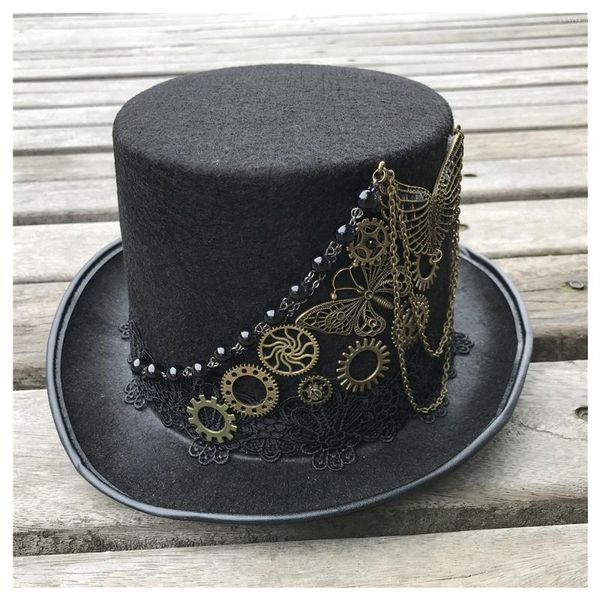 Berets 2022 High-End-handgemachter Steampunk-Zylinder mit Metallgetriebe für Männer Frauen Magic Bowler Größe 57 cm