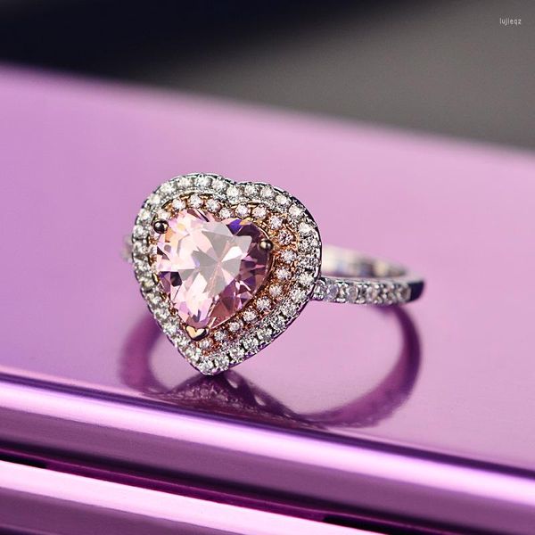 Ringos de cluster anéis para as mulheres S925 Pink Heart Stone Stone artificial Topázio Diamante Diamante Anel de casamento ANEL ANEN