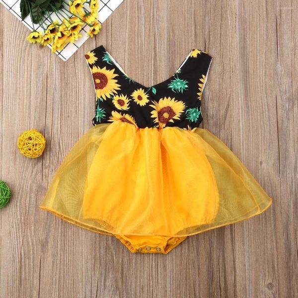 Vestidos garotas nascidas vestido sem mangas crianças festa bebê girassol jacarsuit renda tutut junper princesa ruffles infantil sunsuit