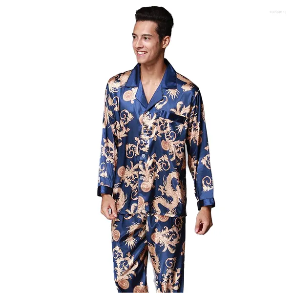 Мужская одежда для сна атласные шелк с длинными рукавами искусственный пижамский костюм мужчина свободный отпечаток ночных кальм