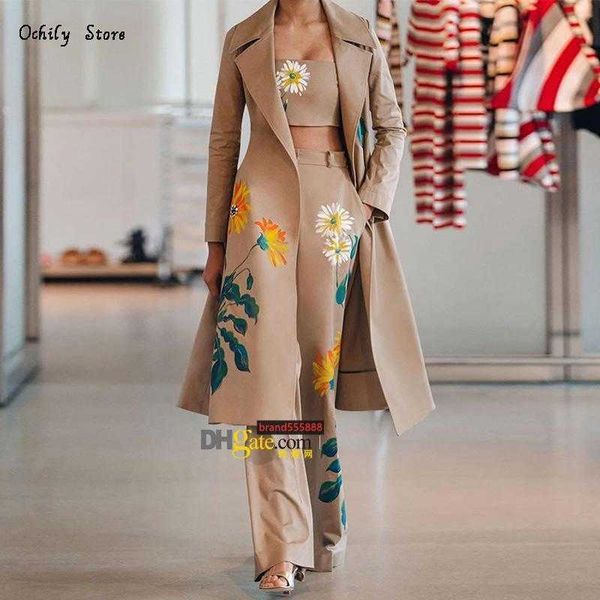 LuxuryWomen's Two Piece Pants Women Long Trench Coat Set Autunno Inverno Moda Temperamento Stampa Fiore Giacca a vento Gamba larga