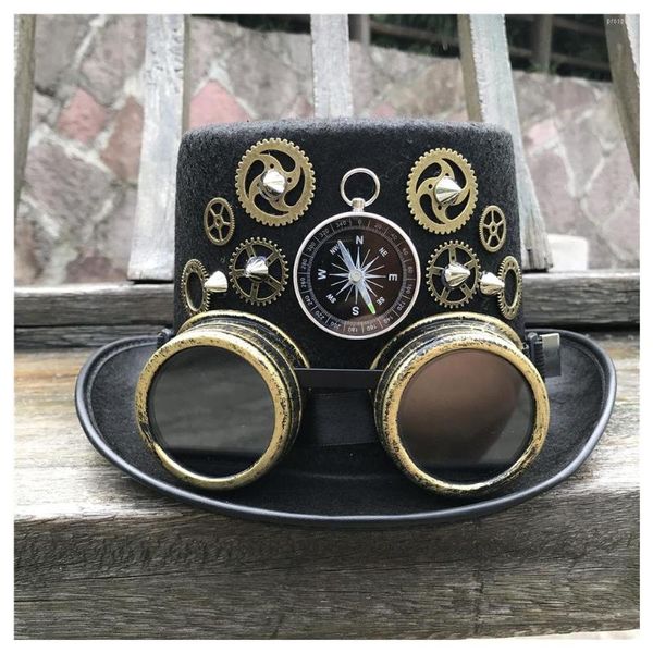 Berets 2022 Unisex Männer Frauen High-End-handgemachte Steampunk-Zylinder mit Gear-Brille Magic Party Größe 57 cm