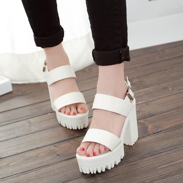 Sandalen mit Blockabsatz, Punk-Schuhe, High Heels, Plattform, Damen, Sommer, Damen, weiß, Riemchen