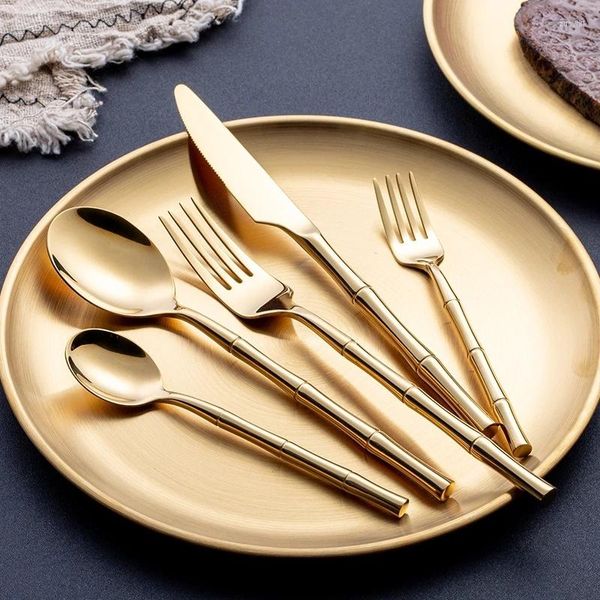 Geschirr-Sets Gold Steakbesteck Set Esszimmer Edelstahl Abendessen Geschirr Bambus Gadget Küchenlöffel und Gabel