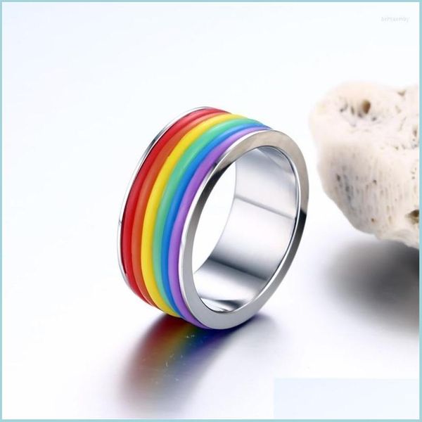 Anéis de cluster Ringos de cluster Creative minimalista jovem e enérgico Rainbow Ring Titanium Steel Finger For Men Women SunMmer Casal Dhyg3