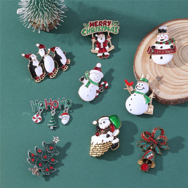 Cartoon Weihnachten Schmuck Designer Brosche Strass Weihnachtsmann Baum Schneemann Pinguin Pin Broschen Südamerikanische Party Gold versilbert für Mädchen Jungen Frau Geschenk