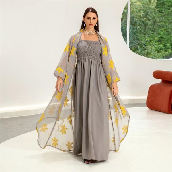 Vestido de uma peça muçulmana de gaze para mulheres do Oriente Médio, duas peças, suspensório cinza, gola artesanal Dubai vestido de festa AB246