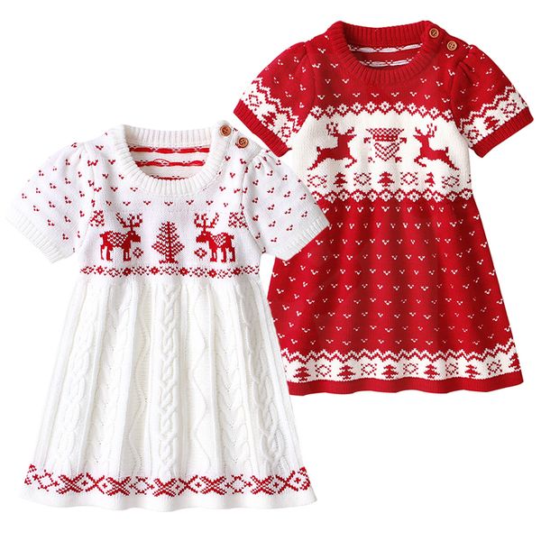 Abiti da ragazza Anno Bambina che lavora a maglia Cervo Fiocco di neve Stampa Maglione Costume Principessa Abiti natalizi 221101