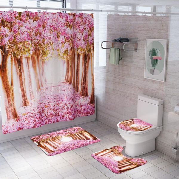 Coprisedili per WC Fiori di pesco Stampa paesaggio Decorazioni per la casa Set di coperture per bagno Tappetini per tende da doccia impermeabili Tappeti per tappeti