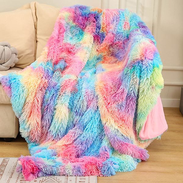 Coperta sfumata tinta unita Coperte lunghe in pelliccia sintetica shaggy Coperte in pile di flanella Plaid e coperte arcobaleno per divano letto WLL1787