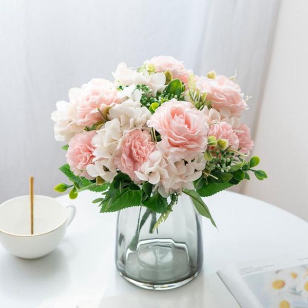 Flores decorativas rosa Artificial Silk Hydrangea Roses Bouquet Wedding Christmas Home Garden Vases para Decortion Garland Flower Wall