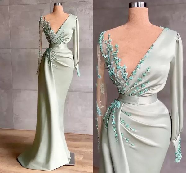 Abiti da sera eleganti Maniche lunghe modeste Collo trasparente Appliques Perline Lunghezza del pavimento Occasioni formali Indossa Vestidos de fiesta