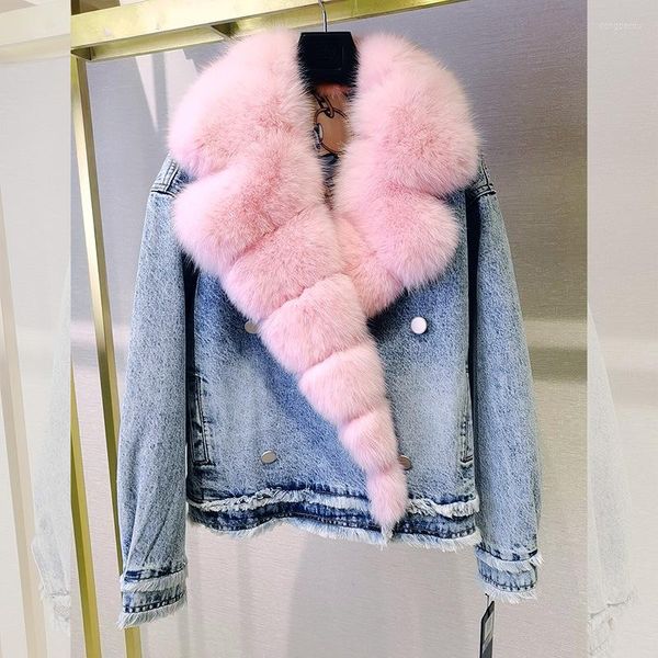 Damen Trenchcoats Frauen Denim Jeans Mantel Jacke mit echtem Pelzkragen 2022 Mode Winter Pelziger Flauschiger Anzug Luxuriös Rosa Grün