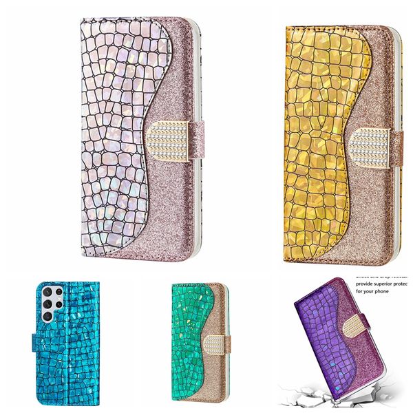 Кожаные кожи крокодила для Samsung Galaxy S23 Ultra Plus A54 A34 A14 5G A24 4G Bling Luxury Snake Gliter Гибридный гибридный идентификационный карта.