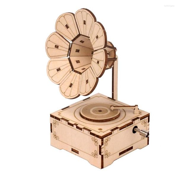Dekorative Figuren DIY Handkurbel Holz Phonograph Ramophon Spieluhr Modell Holzpuzzle handgefertigt zusammengebaut Kinder Erwachsene Geschenke