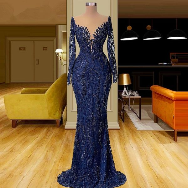 Яготая синяя русалка выпускная платья кружевные иллюзии бисера с длинными рукавами прозрачный v шее арабский азо -эби вечерний платье с рыбным хвостом
