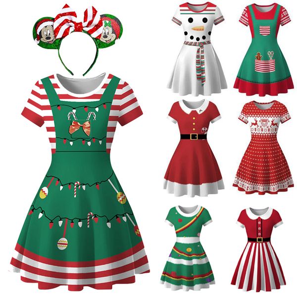 Mädchenkleider Mädchen Weihnachten Kurzarm Prinzessin Kindergeburtstag Party Nachthemd Weihnachtsmann Schneemann Stirnband 221101