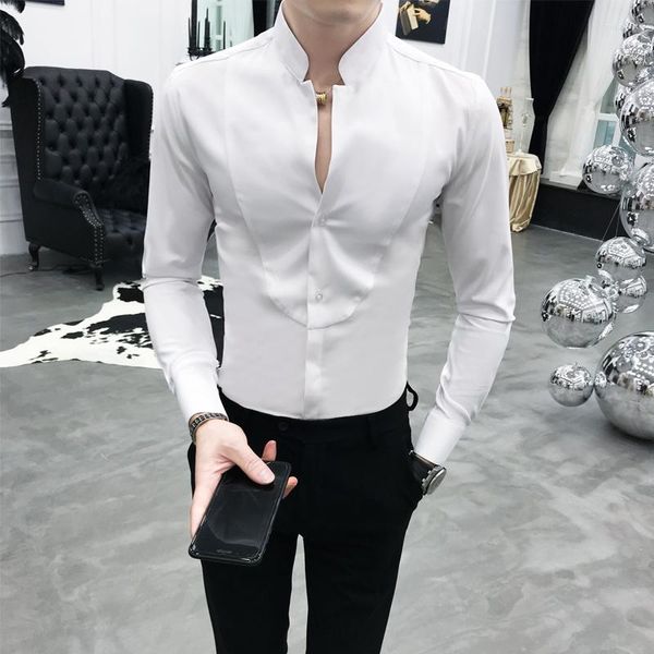 Camisas casuais masculinas sexy stand colar camisa preta vermelha branca esbelta manga longa camisa masculina masculina designer de vestido