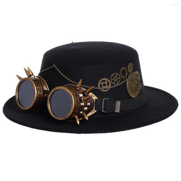 Berets Steampunk Hut Filz Schwarz Flache Top Cap Brille Für Halloween Cosplay Kostüm Requisiten Magie Gentleman Fedora Punk