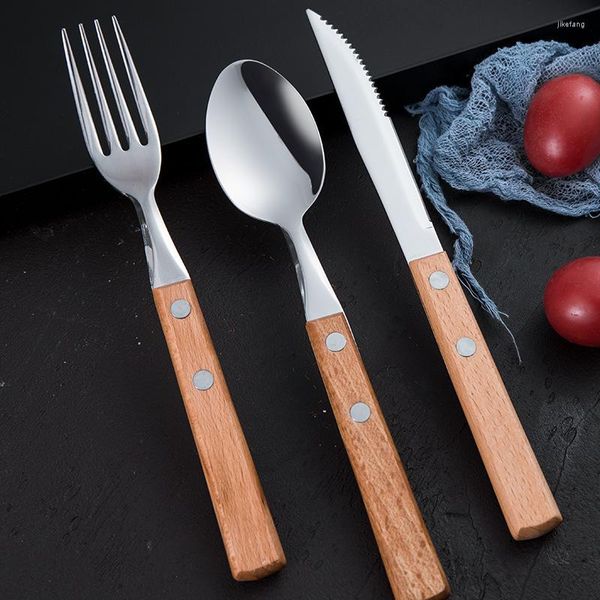 Set di stoviglie YOOLOV ACCIAIO INOSSIDABILE Posate Forchetta Cucchiaio Manico in legno Coltello da bistecca giapponese coreano occidentale retrò El