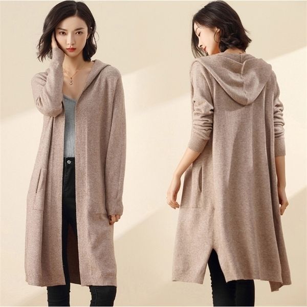 Lange Strickjacke Frauen Pullover Winter Casual Herbst Langarm gestrickt Kimono Strickjacke mit einer Kapuze Frau Big Coat Jacke T190831