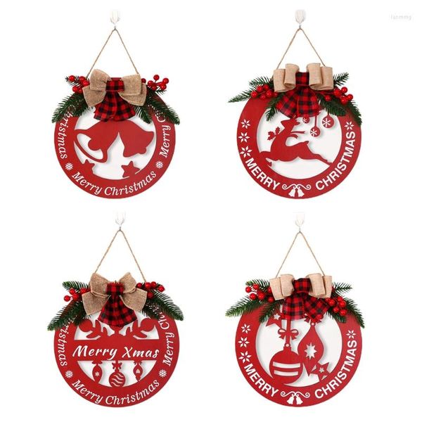 Flores decorativas de natal de madeira pendurada sino/veado/letra/lâmpada decoração de parede decoração da porta da frente plataforma de boas -vindas vermelho