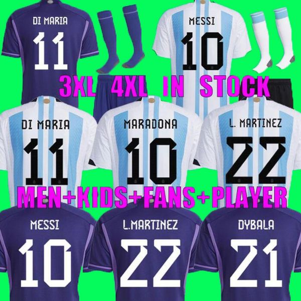 Fãs jogadores versão 2022 2023 camisas de futebol argentina 22 23 Messis Allister Dybala di Maria Martinez de Paul Maradona Kit Kit Mulher Mulher Camisa de futebol