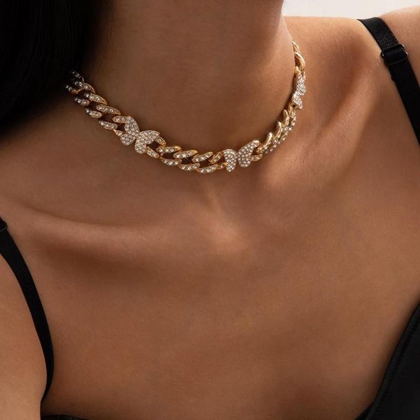 Choker 2022 Damen-Halskette mit übertriebener einlagiger dicker Kette und Quaste, Retro-Stil, voller Diamanten, kubanische Schnalle, Schmetterling