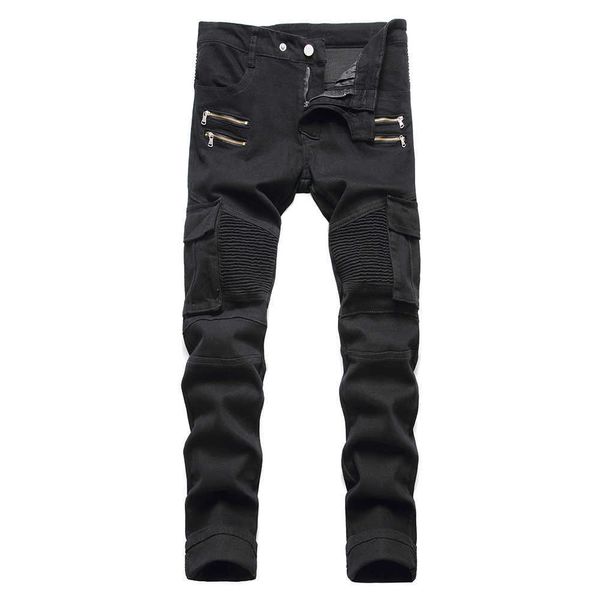 Jeans masculinos bolsos masculinos Cargo Biker Jeans Slim Stretch calça de jeans de zípers PLEAS TRUSHERS BLACK GREEN T2221102