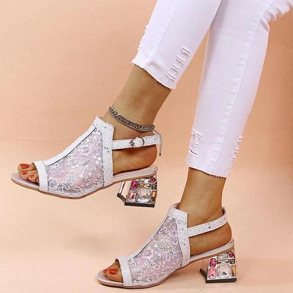 Sandalet Rhinestone Yüksek Topuk Ayakkabı Kadınlar Yaz Stili 5cm Pompalar Moda Bling Ladies Açık Ayak Parti AC785