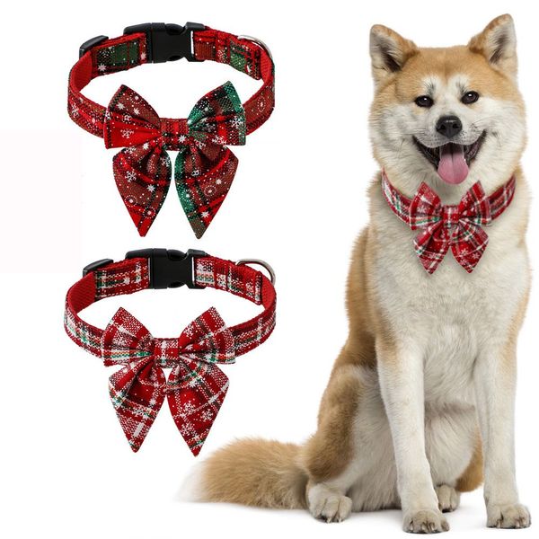 Collare per cani natalizio con papillon Scozzese Collari per animali domestici durevoli per le vacanze per cuccioli di abbigliamento per cani di taglia piccola, media e grande RRA455