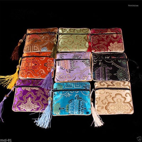 Bolsas de armazenamento por atacado 10pcs Misture coloras chinesas com zíper chinês Takel Tassel Silk Square Jewelry bolsas