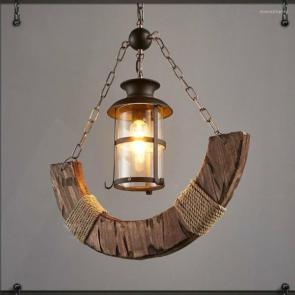 Lampade a sospensione Lampada da soffitto in corda country americana Loft Wood Restaurant Bar Solid Old Boat Chandelier Cafe Internet