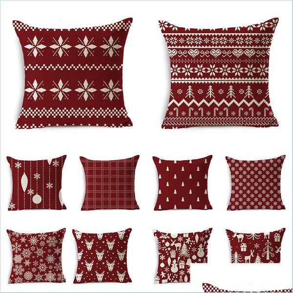 Cuscino/Cuscino Decorativo CuscinoCuscino Decorativo Natale Er Decorazione Della Casa Plaid A Righe In Lino Stampato Rosso 18X18 Pollici Divano Dhdi7