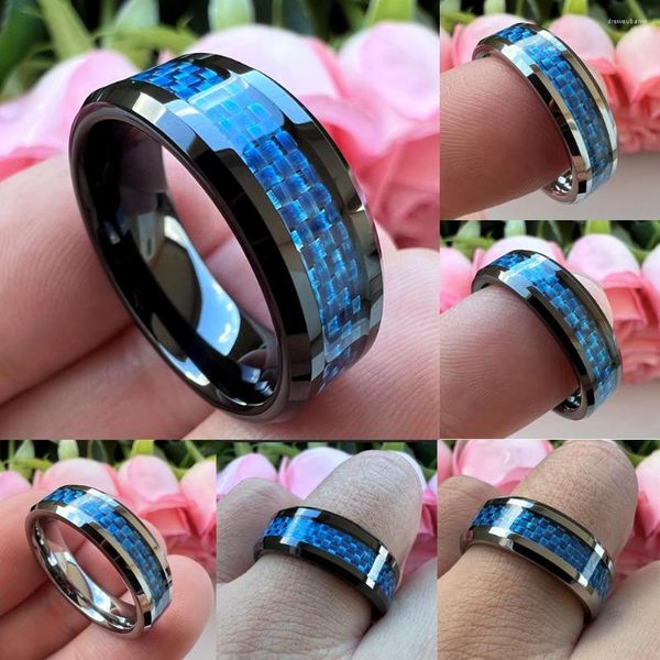 Alyans Eşsiz Mücevher Damlası Toptan 6mm 8mm Moda Yüzük Mavi Karbon Fiber Kakma Kadınlar Erkek Tungsten Nişan Band