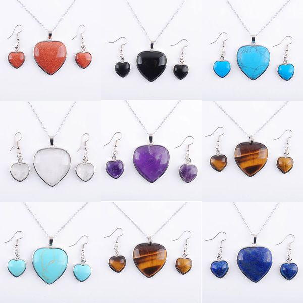 Jóias Conjunto para Brincos de Colar Pingente de Pingente Mulheres Partido Partido Amor Coração Reiki Chakra Miã Pedra Amethysts Agates Crystal BQ308