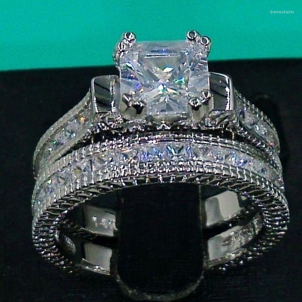 Anneaux de mariage taille 5-10 gros bijoux professionnels rétro princesse 14 carats or blanc rempli 6 mm CZ bande bague ensemble cadeau de Noël