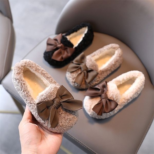 Turnschuhe Mädchen Winterschuhe Mit Baumwolle Gepolsterte Warme Baumwolle Fell Flauschige Kinder Wohnungen Kinder Loafers Slip-on Prinzessin Süße Anti-rutschige Bowtie 221102