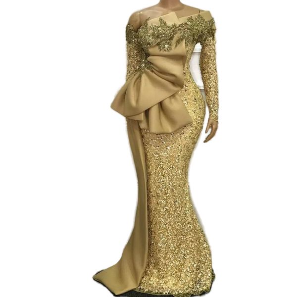 Elegante vestidos de noite africanos 2023 mangas compridas lantejoulas sereia vestido formal aso ebi ouro frisado rendas apliques vestidos de baile robe262p