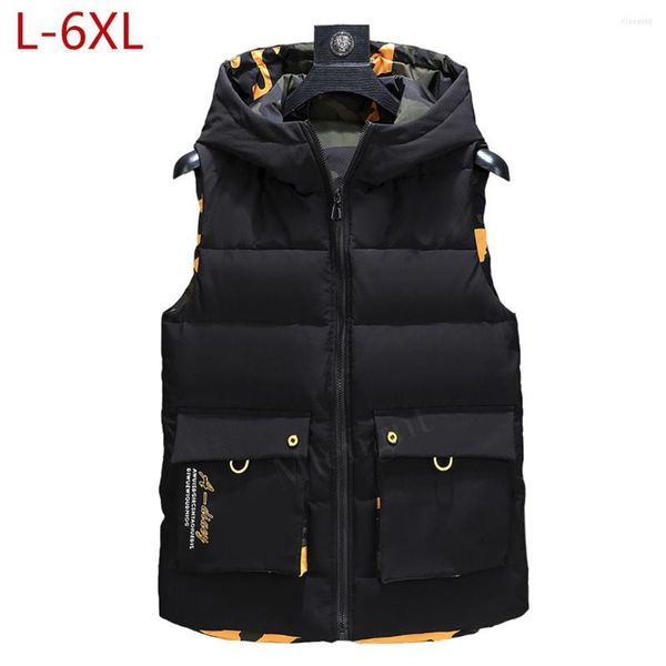 Gilet da uomo Gilet caldo da uomo Giacca senza maniche a doppia faccia Inverno reversibile Camouflage con cappuccio Plus Size 6XL Gilet antivento